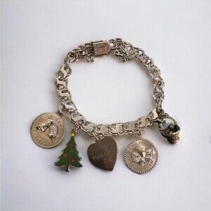 Sterling Silver Charm Bracelet 32g Double Link Safety Chain 7” Charms VTG